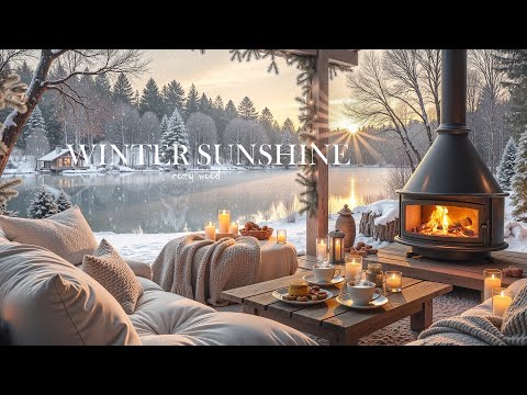 Winter Sunrise Ambience Soft Piano Music Warm Fireplace Snowy Lake View For Relax Study 