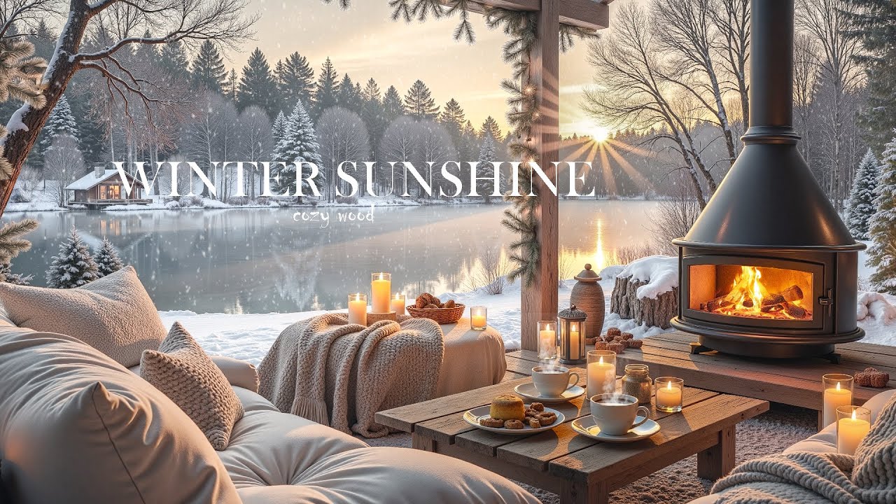 Winter Sunrise Ambience ❄️🔥 Soft Piano Music, Warm Fireplace & Snowy Lake View for Relax & Study