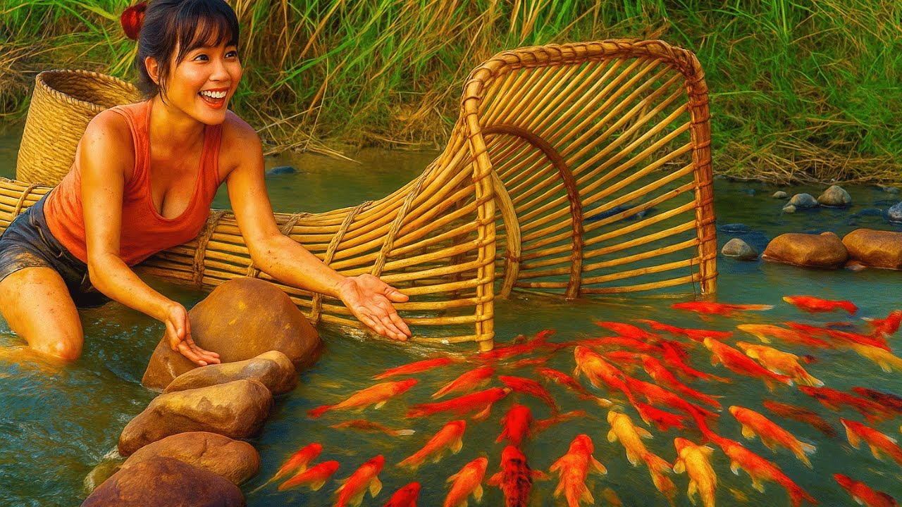 Beautiful Girl Makes Giant Fish Traps from Bamboo.  Fish Traps on the River