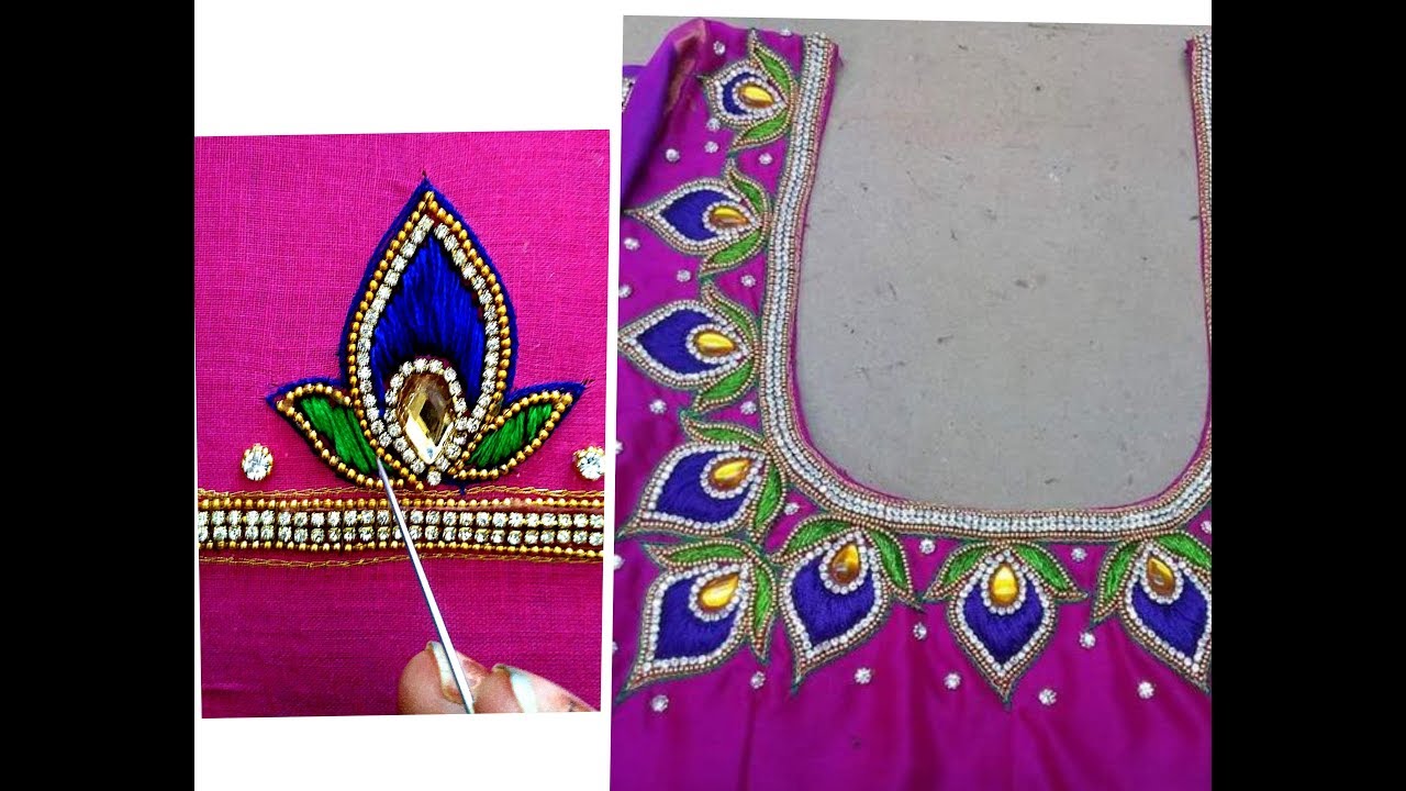 Most Beautiful Peacock Feather Neck Design with Normal Stitching Needle- Same Like AARI/MAGGAM WORK
