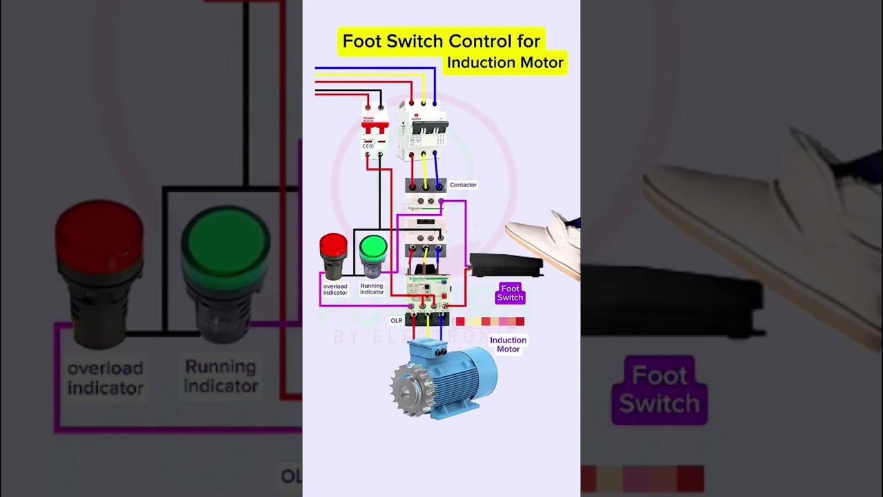 Foot Switch Control Wiring Diagram for Induction Motor | Contactor & OLR Connection