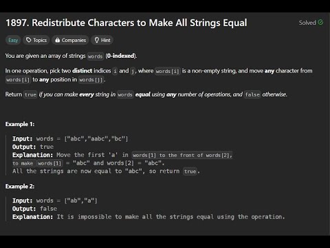 LeetCode POTD || Redistribute Characters to Make All Strings Equal   LeetCode   1897 || Code And Ex.