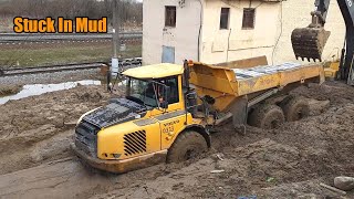 Volvo A30E, A25C And Liebherr TA 230 Articulated Dump Truck 6x6 Stuck In Mud