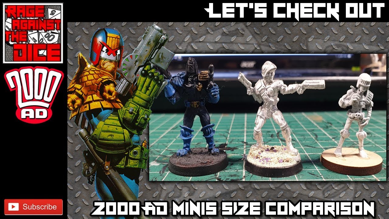2000AD minis size comparison | Warlord Games | Mongoose Publications | Games Workshop | OOP