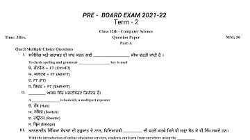 PRE - BOARD EXAM 2021-22 Term 2 Class 12th - Computer Science Question Paper #12th #pseb  with PDF