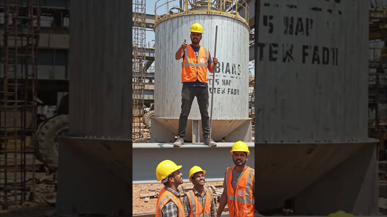 Construction Worker Inspecting or Maintaining a Large Steel Column on Elevated Scaffolding 🚧👷‍♂️