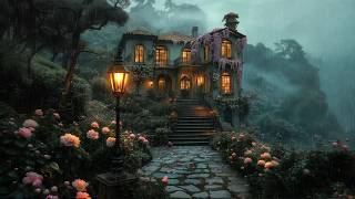 Rainlit Wisteria Manor in Twilight | Rain, Lantern Glow & Dark Academia Piano for Deep Relaxation