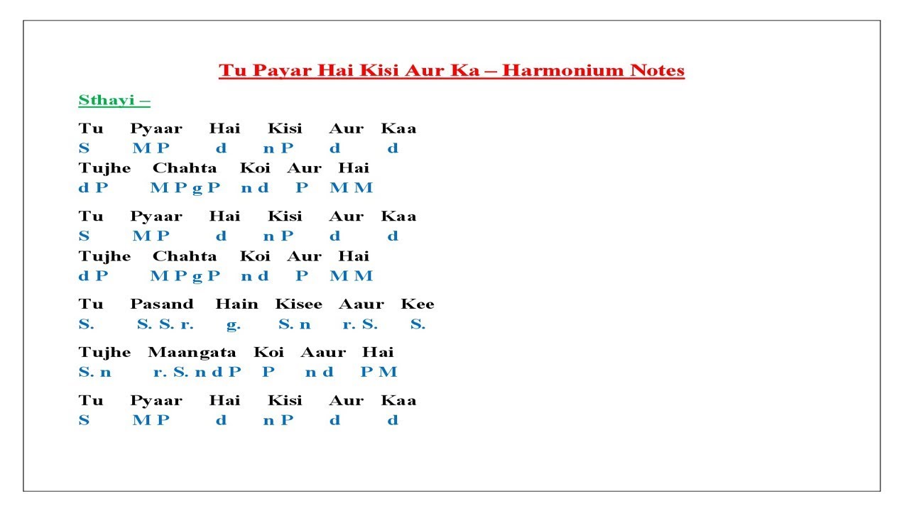 Tu Payar Hai Kisi Aur Kai Harmonium Sargam YouTube