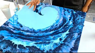 Dark and Stormy Wave - With SKY BLUE Background - Acrylic Pour Painting - Fluid Art