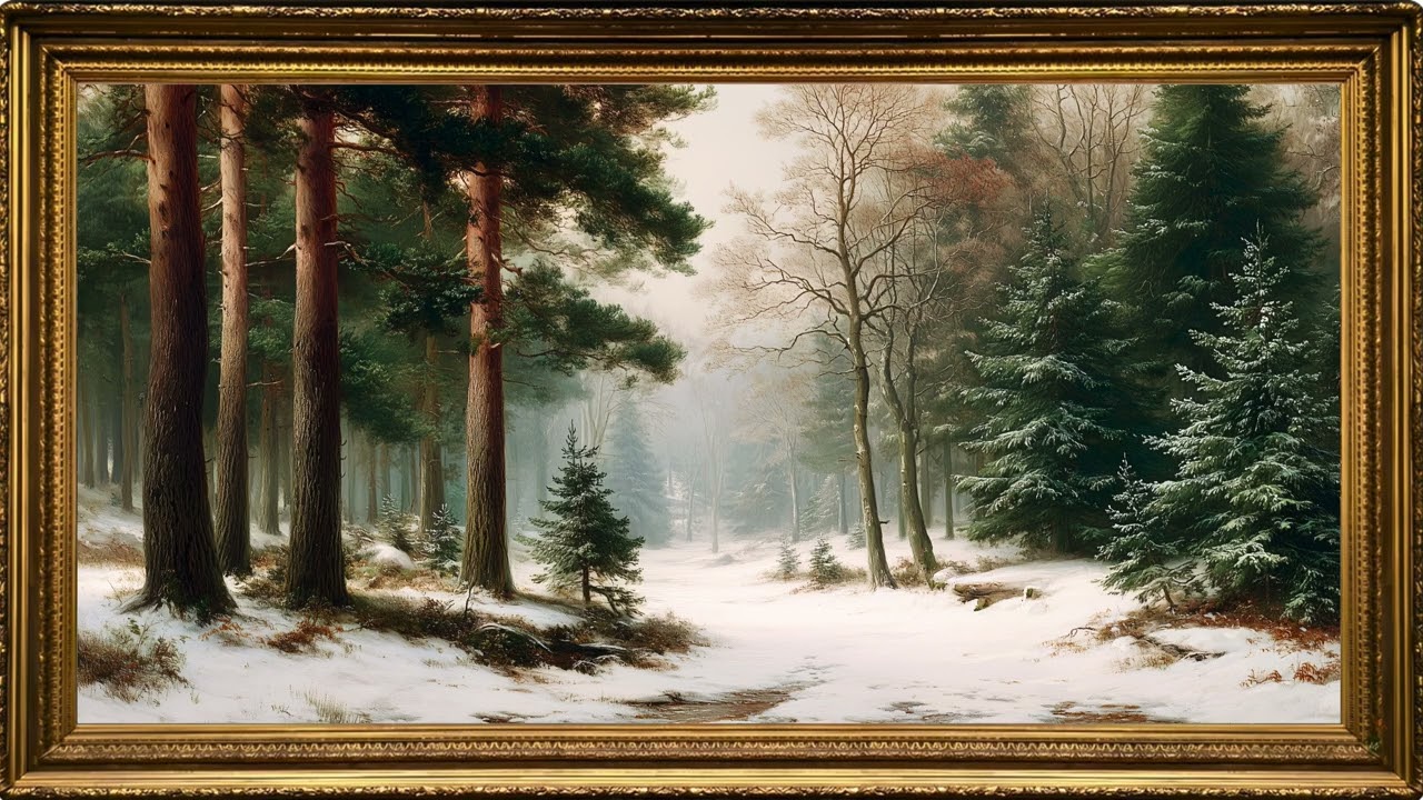 Winter Among the Evergreens | Vintage Painting | Gold Frame TV Art Screensaver for TV Wallpaper 4K