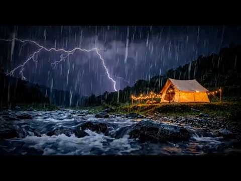 🔴 LIVE Heavy Rain & Thunder Sounds ⛈️ Cozy Riverside Tent for Deep Sleep All Night