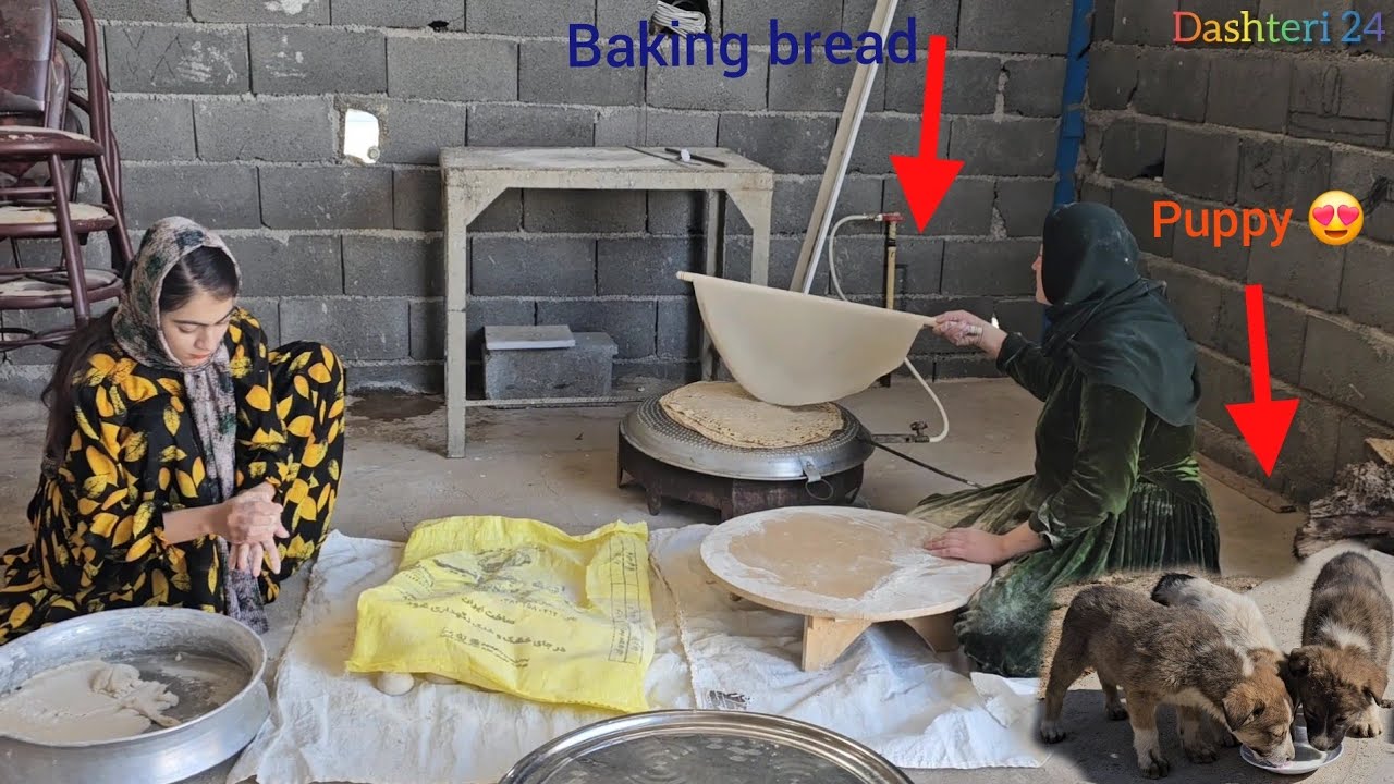 Baking local bread, the family's great love and affection for the puppy, giving milk to the puppy.