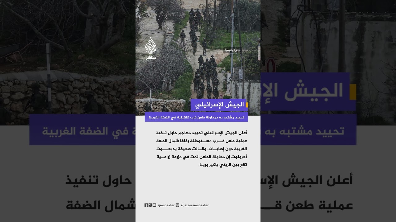 الجيش الإسرائيلي: تحييد مشتبه به بمحاولة طـ،ـعن قرب قلقيلية في الضفة الغربية