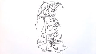 رسم سهل | تعليم الرسم | رسم فتاة تحت المطر | رسم بنات كيوت للمبتدئين | رسومات سهلة