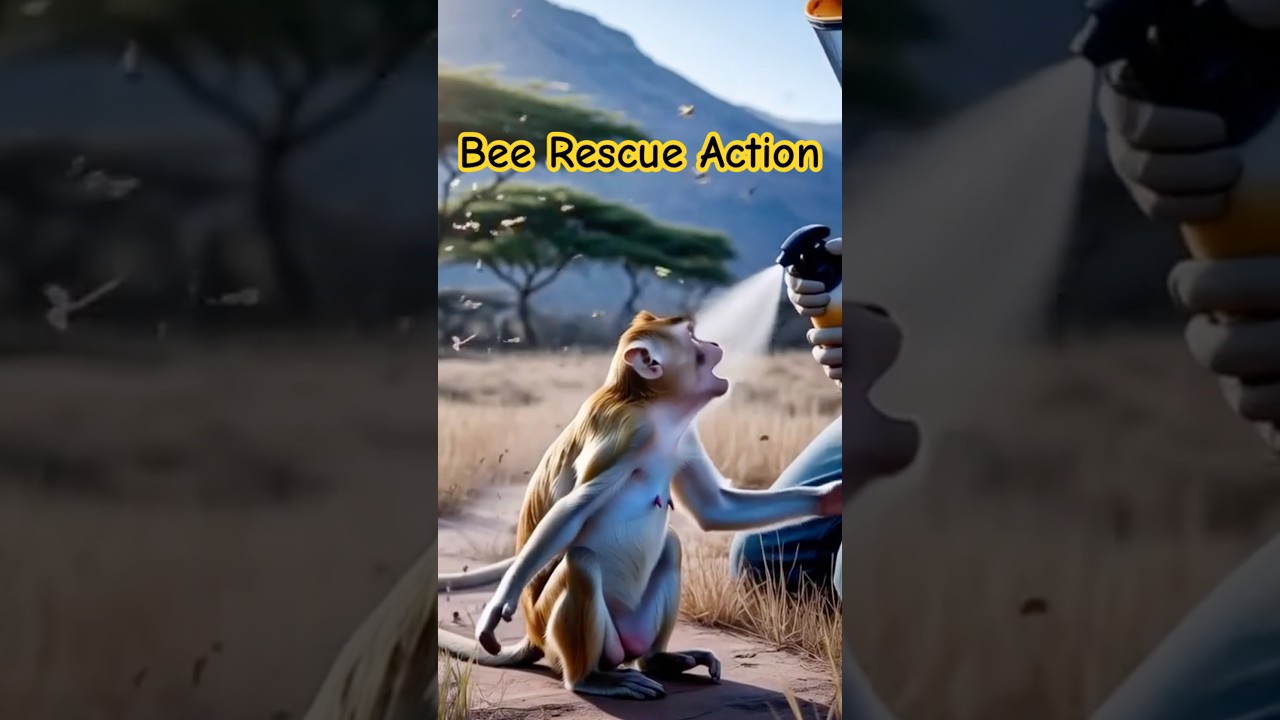 A rescuer sprays a gentle mist to drive bees away from a monkey’s back 