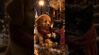 Puppy Shares Scarf & Warm Bread with Cold Kitten on Snowy Night 🥹💕