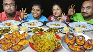 FISH FRY EGG OMELETTE PANTA BHAT POTATO PAKORA EATING CHALLENGE // food family & more 