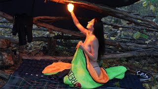 Mary Built A Shelter In The Forest - Single Overnight - Cooking Fish On A Campfire - Asmr#Bushcraft