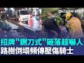 巴威颱風威力驚人！招牌不敵強風"鍘刀式"砸落 驚險畫面曝光！新北老字號蛋糕店招牌也斷成"V字形"砸4車 全台路樹倒塌頻傳 騎士遭壓傷送醫｜三立新聞LIVE