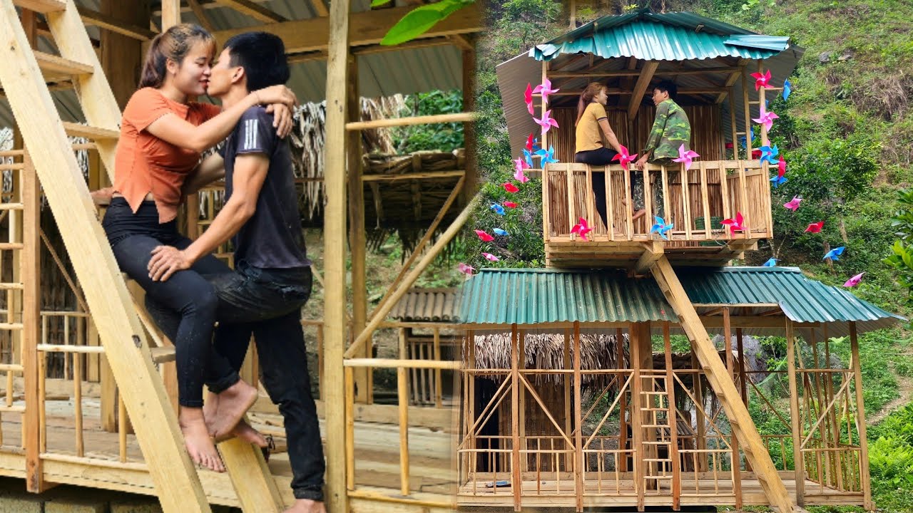 80 days: Dan and Linh complete the house and decorate the bedroom - making a wood stove from cement