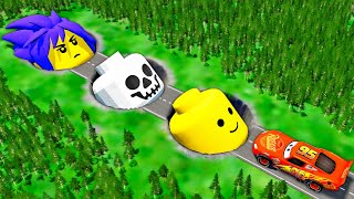 Amazing Lego Heads Pit Vs Lightning McQueen And Huge & Tiny PIXAR CARS! BeamNG.Drive Battle!