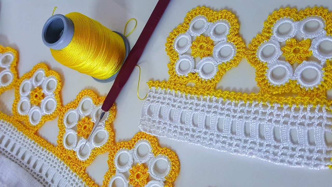 Serum Halkalari Ve 2 Renk Iplik Ile Yapilan Altigen Kenarli Cicekli Havlu Ucu Dantel Tarifi Videolu Olarak Ogretilmekte Tig Isleri Krose Baby Knitting Patterns