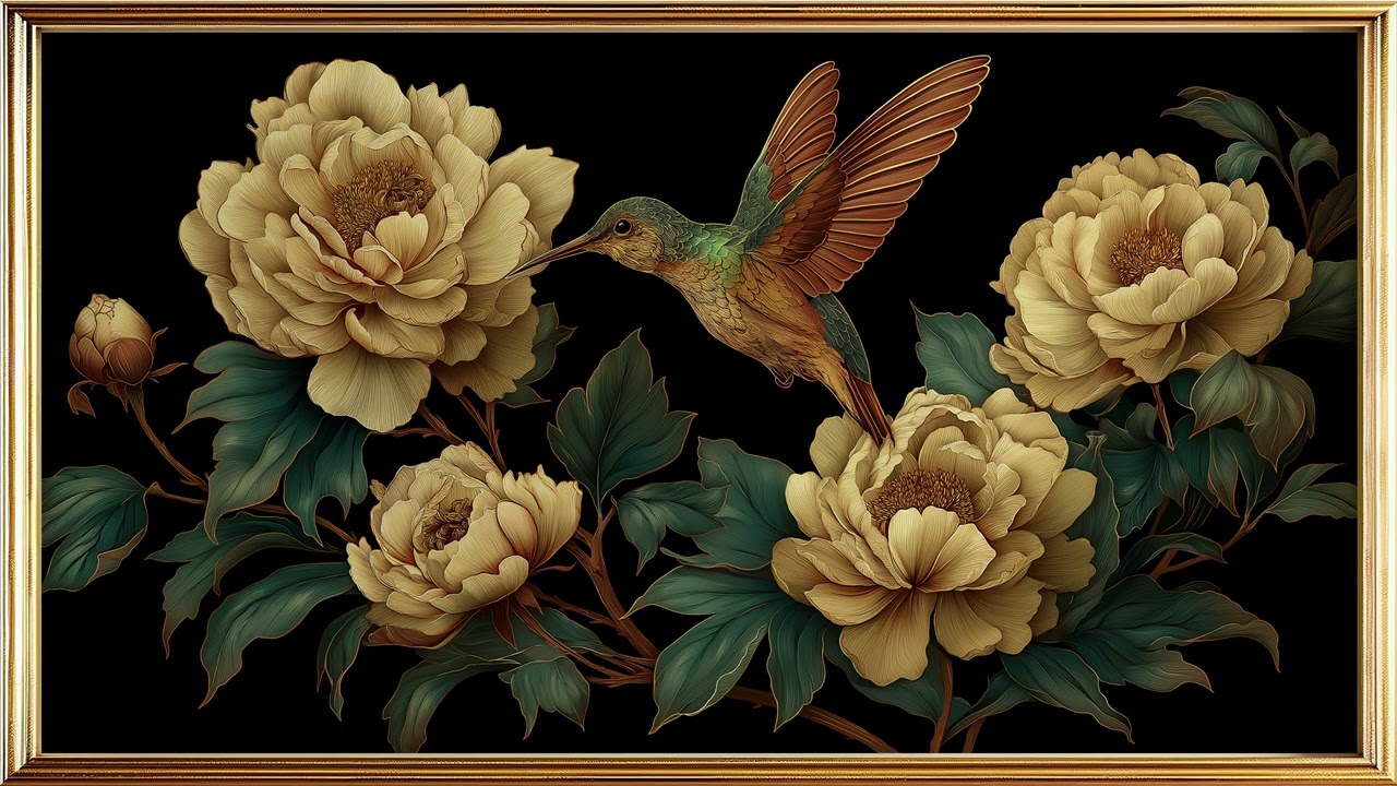 Golden Hummingbird & Floral Art – Elegant Frame TV Display in 4K
