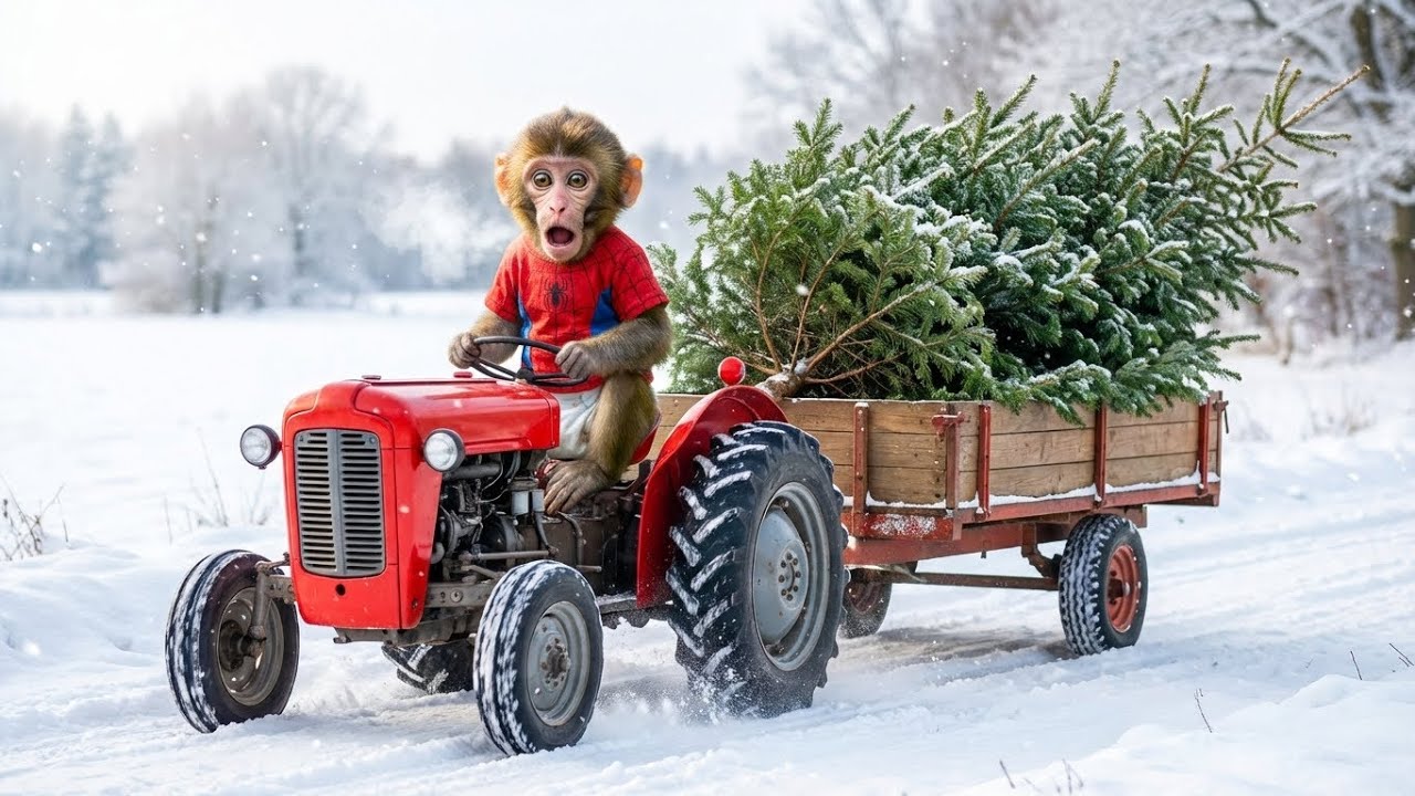 Monkey Messy and Christmas tree - drives a tractor | Messy Monkey Life