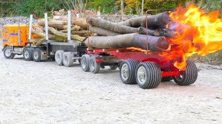 RC Fire Trucks! Big fire on the wooden trailer! Fantastic RC vehicles!