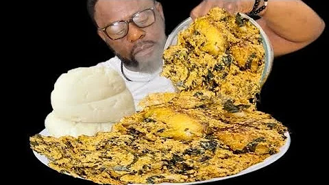 ASMR HOT EGUSI SOUP WITH MERLUZA  FISH AND FUFU POUNDED YAM MUKBANG NIGERIAN FOOD