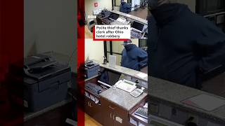 Polite thief thanks clerk after Ohio hotel robbery. #Ohio #CCTV #Robbery #Thief #BBCNews