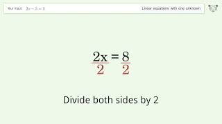 Linear equation with one unknown: Solve 2x-5=3 step-by-step solution
