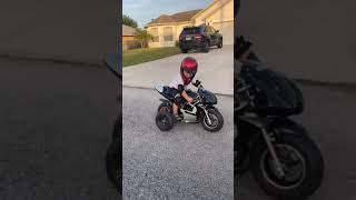 3 yr old Rhett first ride on pocket bike from Amazon! Training wheels mod