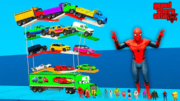 GTA V Superheroes & Spiderman Loading!!! SUPER Cars, Jeeps, Trucks INTO a Giant TRAILER!!!!