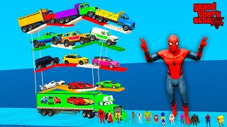 GTA V Superheroes & Spiderman Loading!!! SUPER Cars, Jeeps, Trucks INTO a Giant TRAILER!!!!