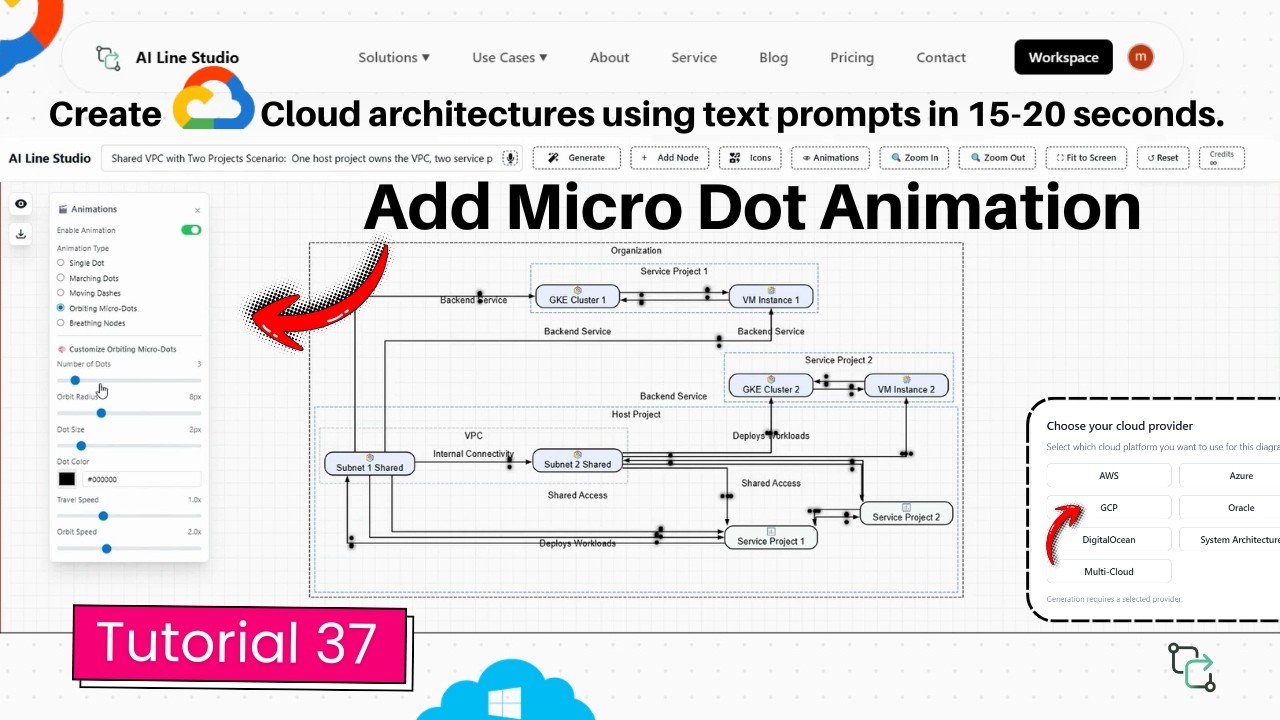 Add orbiting micro-dots animation in GCP architecture diagram tutorial showing flowing dots on Shared VPC connections