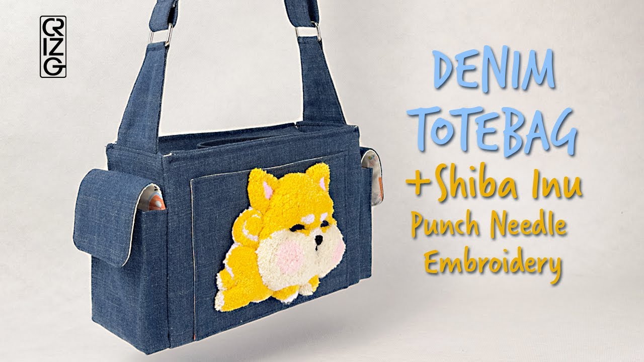 Multi-pockets Denim Totebag with Shiba Inu Punch Needle Embroidery