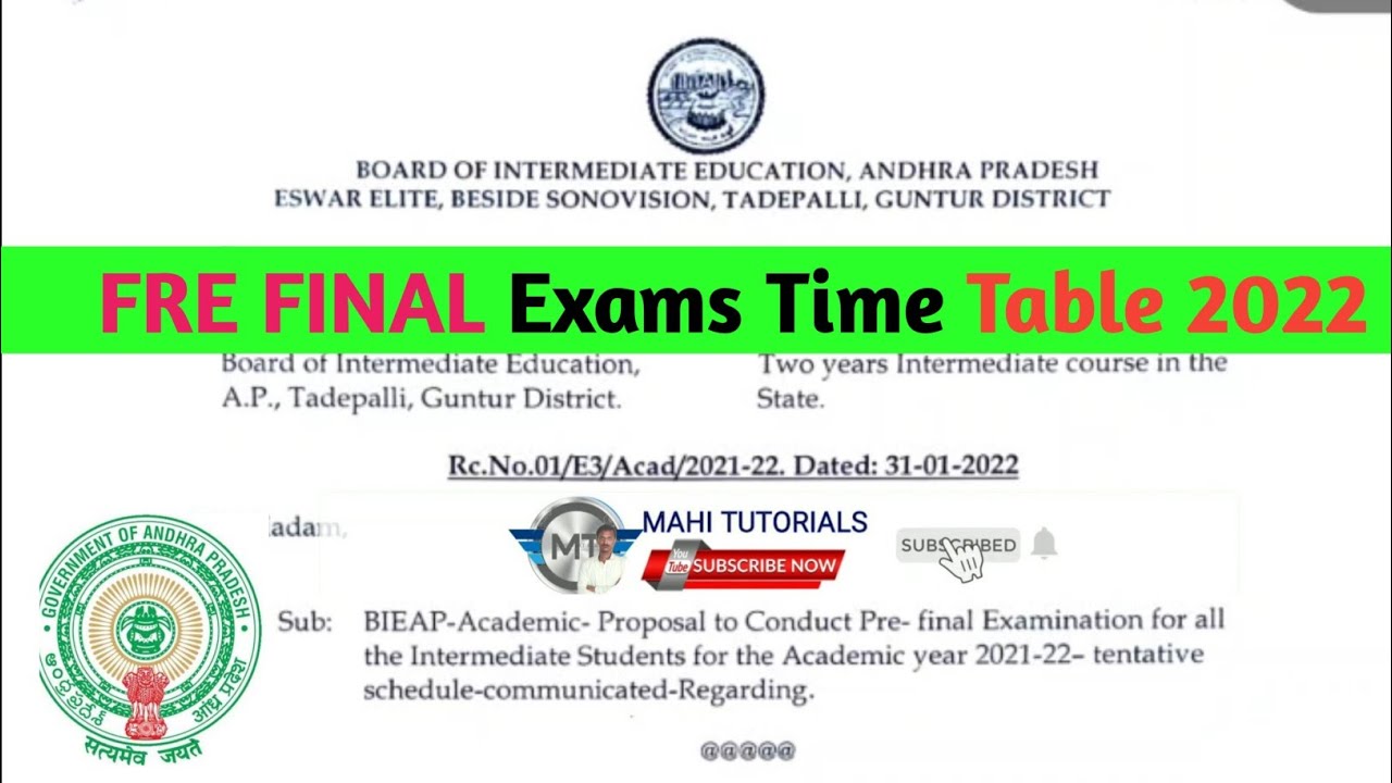 AP INTERMEDIATE FRE FINAL EXAMS TIME TABLE || FRE FINAL EXAMINATION TIMETABLE 2022