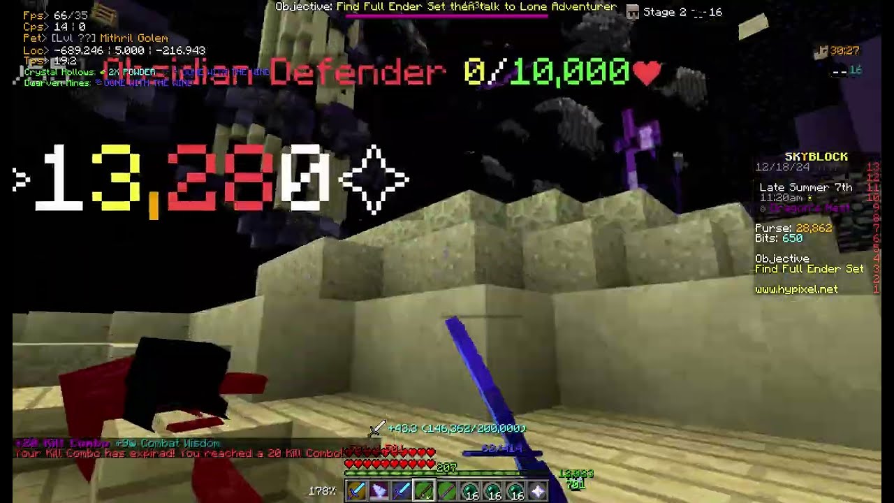 Hypixel Skyblock 197: Dwarven Comms, End Bestiary, Obsidian Belt (Suited Up)