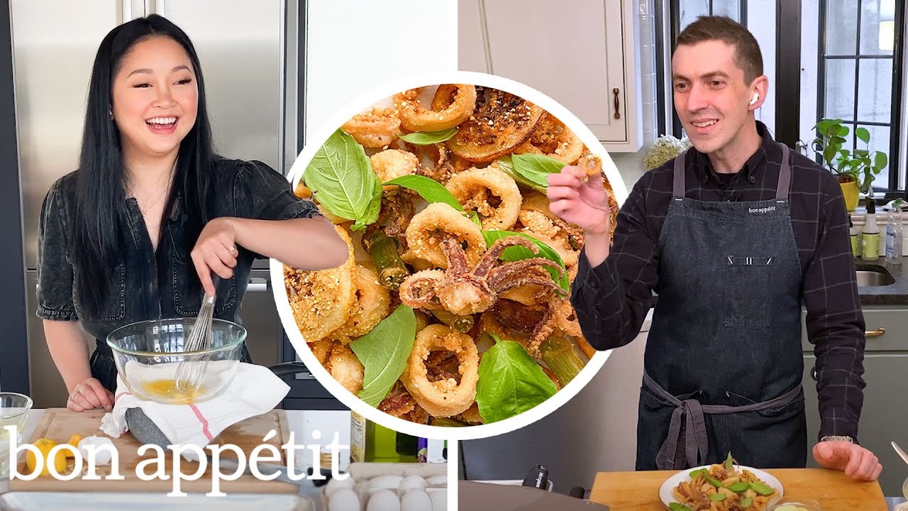 Lana Condor Learns How to Make Fried Calamari with Chris Morocco   Bon Apptit