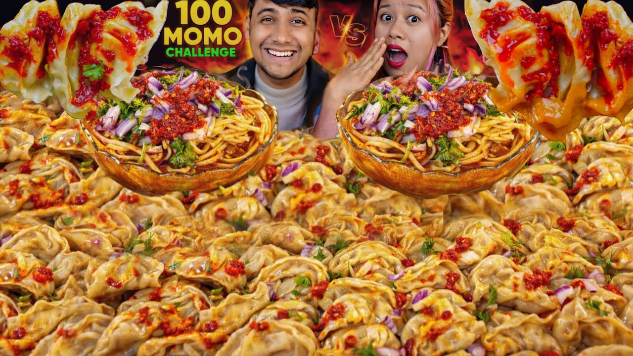 Husband vs Wife || 100 MOMO & THUKPA Challenge 😱🔥 Spicy Chicken Momo & Thukpa Mukbang