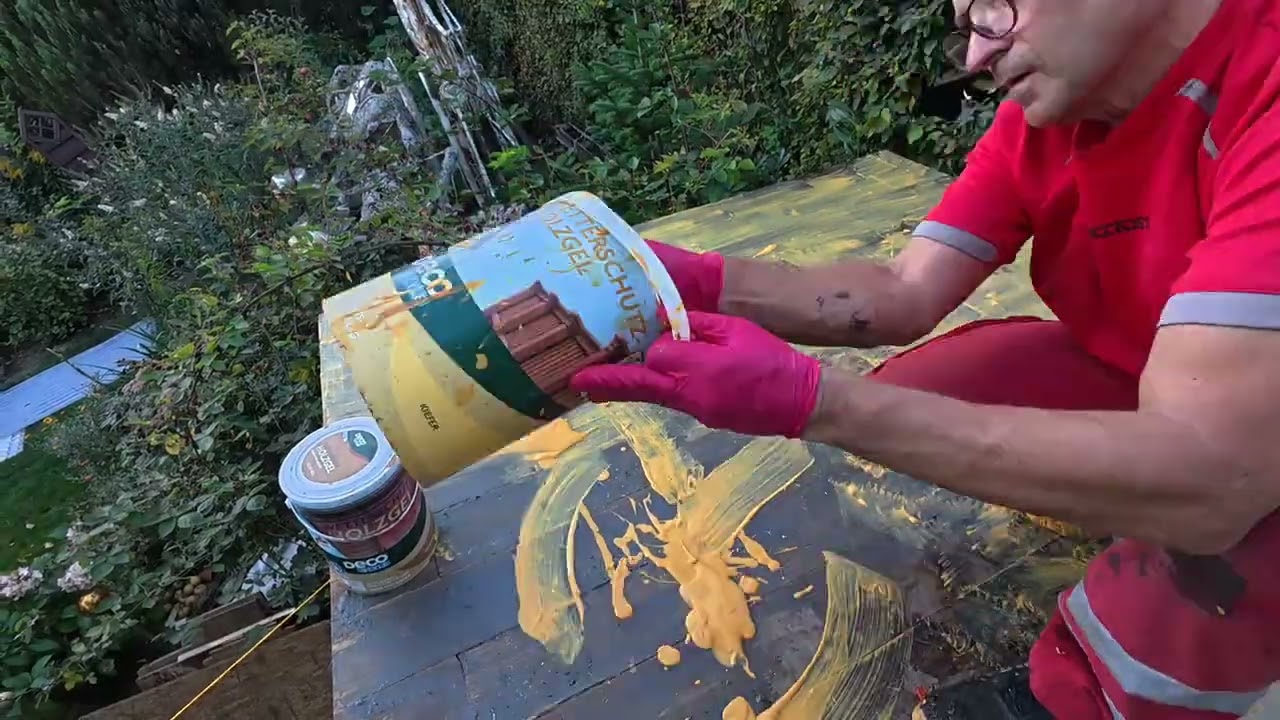 🎨 Wetterschutz-Gel auf Holz von Aldi, kiefer gelb als elastischer Schutzanstrich auf Dach Brettern