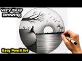 Drawing Of Nature in Circle Step By Step | Very Easy Nature Drawing | Sunset Shading Drawing