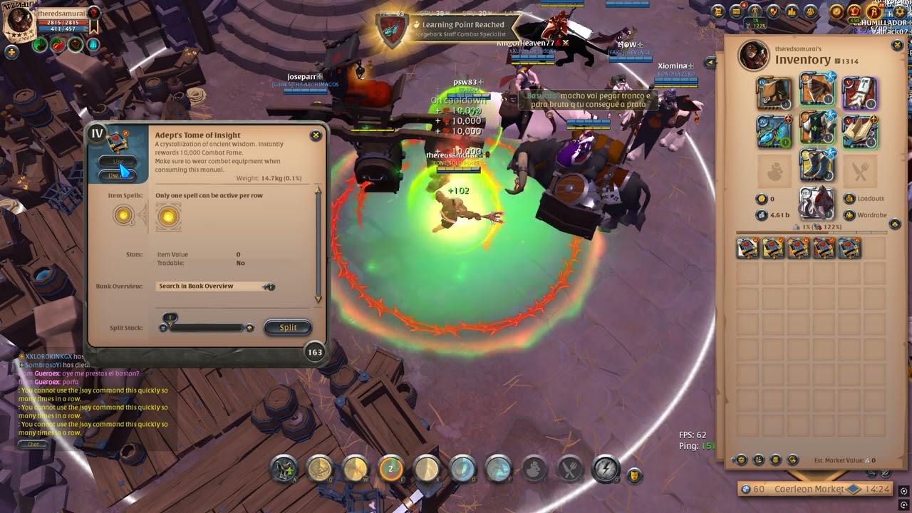 Specing up Forgebark staff to 100 with non tradable tomes. Albion Online.