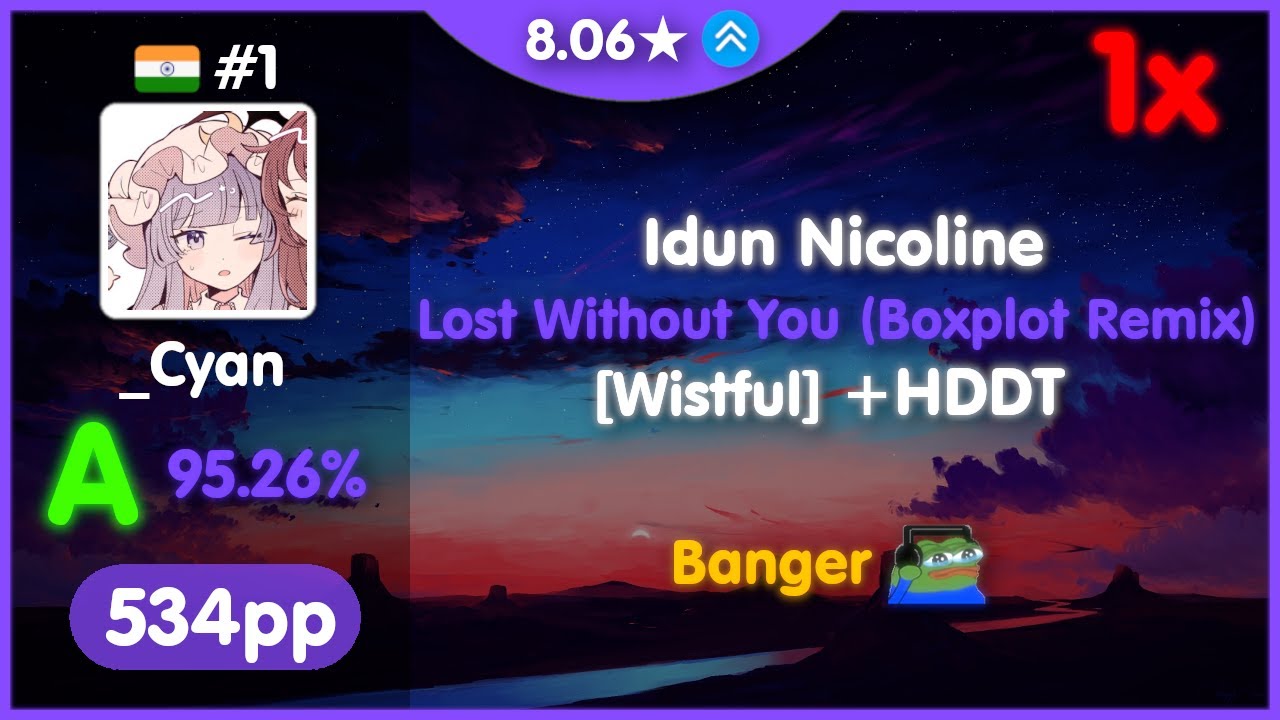 _Cyan | 8.06⭐| Idun Nicoline - Lost Without You (Boxplot Remix) [Wistful] +HDDT 1❌ 534pp | 95.26%