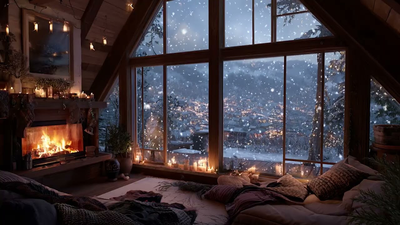 Winter Snow Cabin Piano Night Ambience | Soft Snowfall and Fireplace Comfort