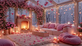 Cozy Valentine’s Pink Snow Terrace 💕❄️🔥 Relaxing Jazz &amp; Warm Fireplace for Deep Rest &amp; Chill