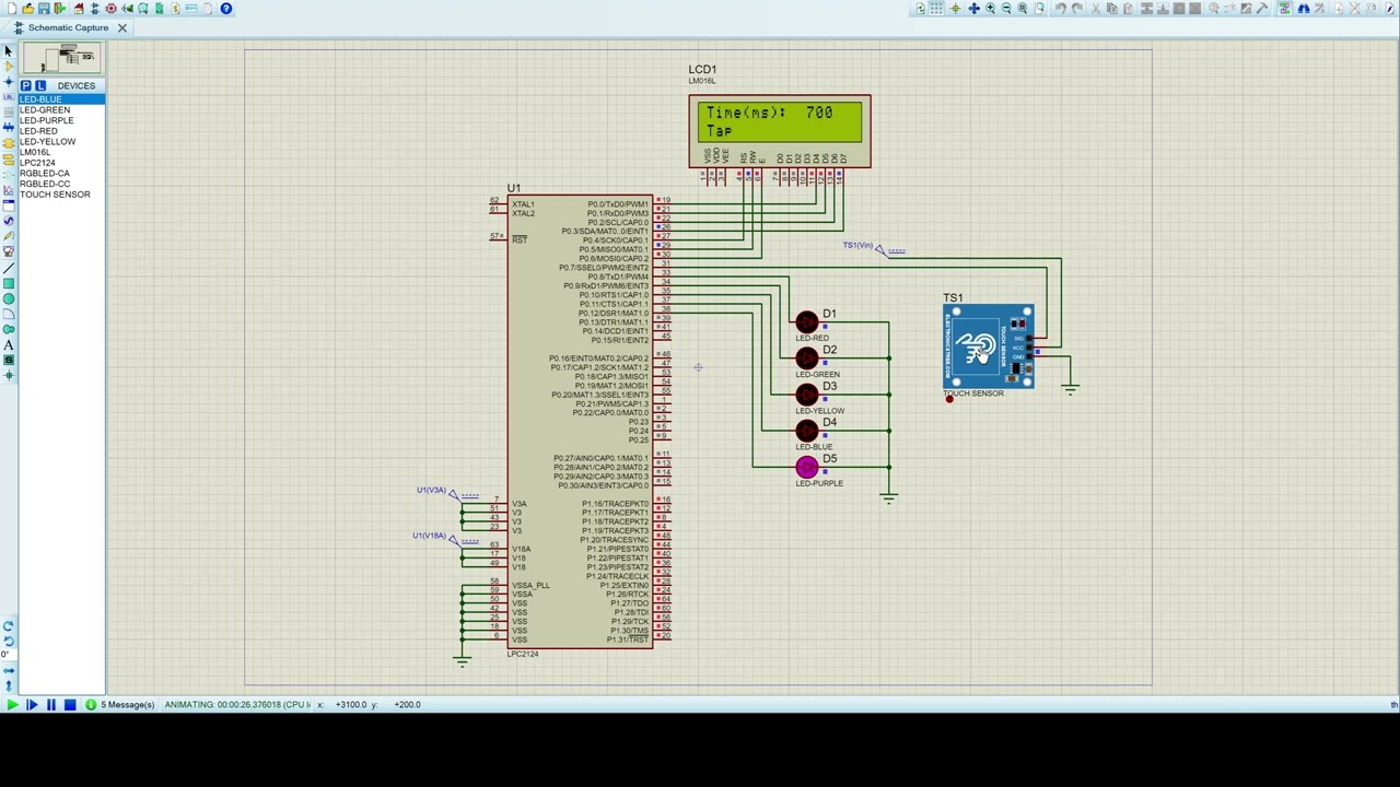 proteus simulation | Tap-Sensor | LED | ARM7 LPC2129 | LCD 16x2 Display