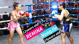 เรมินะปะทะแชมป์โลกอายุห่างกัน7ปีREMINA(12years old)vsNongJin(19years old.World gold medalist)!女子ムエタイ