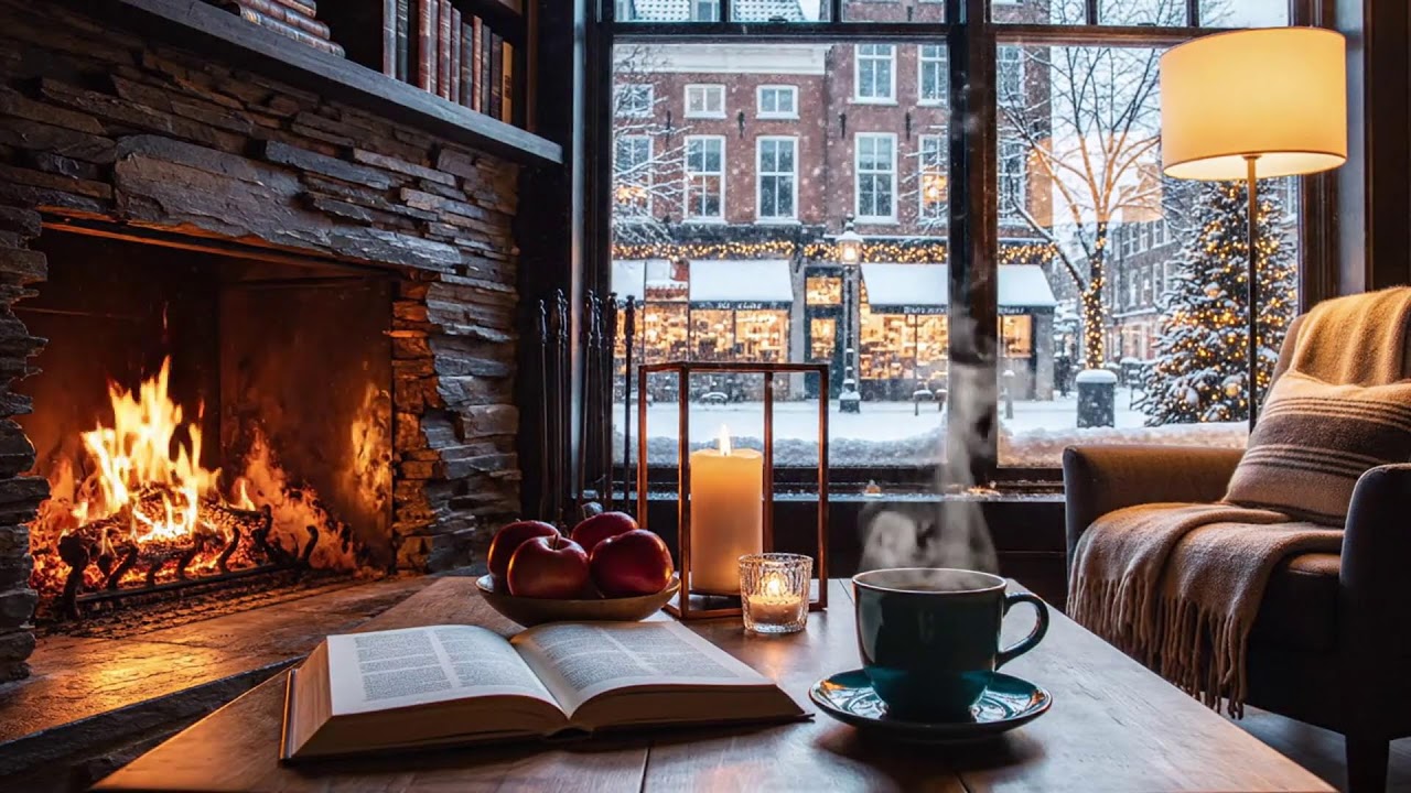 Winter Night Café Sounds ☕ Soft Jazz & Fireplace for Calm Productivity